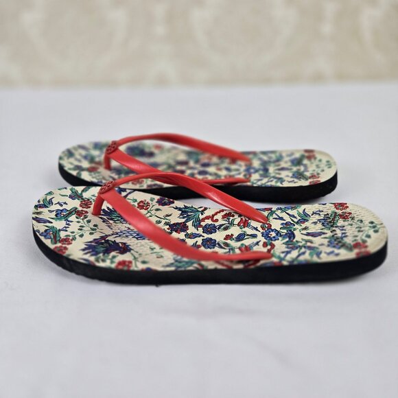 Tory Burch Size 8.5 Red Thong Flip Flop Sandals Floral Footbed Rubber - Picture 4 of 11
